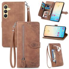 Custodia per telefono in pelle con cerniera fiore goffrato per Samsung Galaxy A70 (marrone)
