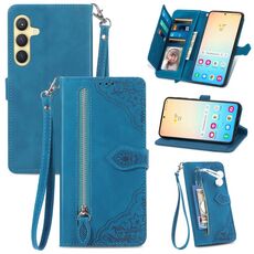 Custodia per telefono in pelle con cerniera fiore goffrato per Samsung Galaxy A70 (blu)