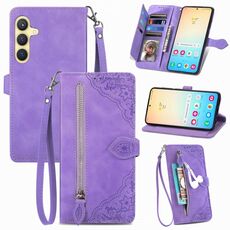 Custodia per telefono in pelle con cerniera fiore goffrato per Samsung Galaxy A70 (viola)