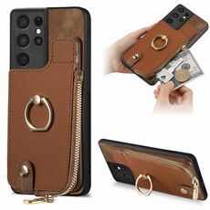Custodia per telefono posteriore con cerniera verticale con anello in pelle incrociata per Samsung Galaxy S21 Ultra 5G (marrone)