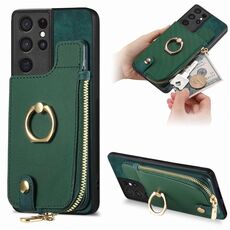 Custodia per telefono posteriore con cerniera verticale con anello in pelle incrociata per Samsung Galaxy S21 Ultra 5G (verde)