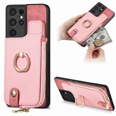 Custodia per telefono posteriore con cerniera verticale con anello in pelle incrociata per Samsung Galaxy S21 Ultra 5G (rosa)
