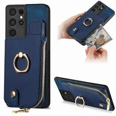 Custodia per telefono posteriore con cerniera verticale con anello in pelle incrociata per Samsung Galaxy S21 Ultra 5G (blu)