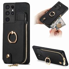 Custodia per telefono posteriore con cerniera verticale con anello in pelle incrociata per Samsung Galaxy S21 Ultra 5G (nero)