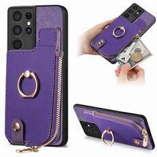Custodia per telefono posteriore con cerniera verticale con anello in pelle incrociata per Samsung Galaxy S21 Ultra 5G (viola)