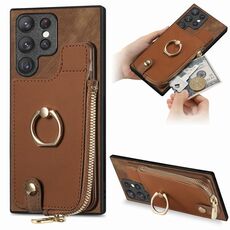 Custodia per telefono posteriore con cerniera verticale con anello in pelle incrociata per Samsung Galaxy S22 Ultra 5G (marrone)