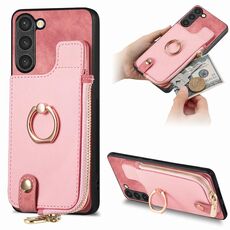 Custodia per telefono posteriore con cerniera verticale con anello in pelle incrociata per Samsung Galaxy S23+ 5G (rosa)