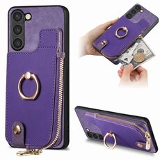 Custodia per telefono posteriore con cerniera verticale con anello in pelle incrociata per Samsung Galaxy S23+ 5G (viola)