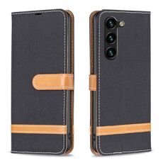 Custodia per telefono in pelle con texture denim color block per Samsung Galaxy S24+ 5G (nera)