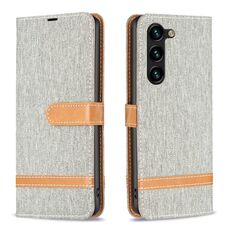 Custodia per telefono in pelle con texture denim color block per Samsung Galaxy S24+ 5G (grigio)
