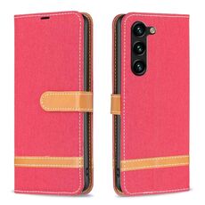 Custodia per telefono in pelle con texture denim color block per Samsung Galaxy S24+ 5G (rossa)