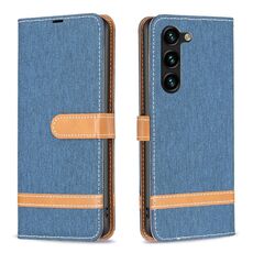 Custodia per telefono in pelle con texture denim color block per Samsung Galaxy S24+ 5G (blu scuro)