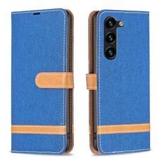 Custodia per telefono in pelle con texture denim color block per Samsung Galaxy S24+ 5G (blu reale)