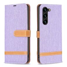 Custodia per telefono in pelle con texture denim color block per Samsung Galaxy S24+ 5G (viola)