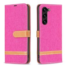 Custodia per telefono in pelle con texture denim color block per Samsung Galaxy S24+ 5G (rosa rosso)