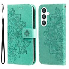Custodia per telefono in pelle con stampa a fiori a 7 petali per Samsung Galaxy S24 (verde)
