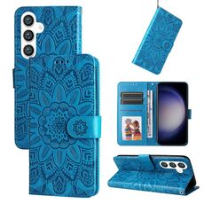 Custodia per telefono in pelle girasole goffrata per Samsung Galaxy S24 (blu)