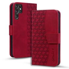 Per Samsung Galaxy S22 Ultra 5G Custodia per telefono in pelle con fibbia a diamante business con cordino (vino rosso)