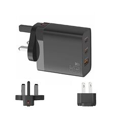 Adattatore per laptop multicompatibile USB GAN 65W PD45W doppio tipo C+QC3.0 UK + spina USA Nero