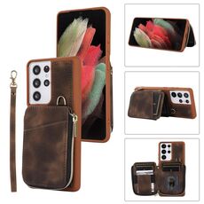 Per Samsung Galaxy S21 Ultra 5G Zipper Card Bag Cover posteriore Custodia per telefono (marrone)
