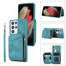 Per Samsung Galaxy S21 Ultra 5G Zipper Card Bag Cover posteriore Custodia per telefono (turchese)