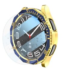 Per Samsung Galaxy Watch6 Classic 47mm R960 Custodia per PC placcata + pellicola temperata + set di anelli per lunetta dell'orologio (blu + oro)