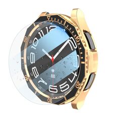 Per Samsung Galaxy Watch6 Classic 43mm R950 Custodia per PC placcata + pellicola temperata + set di anelli per lunetta dell'orologio (nero + oro rosa)