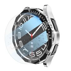 Per Samsung Galaxy Watch6 Classic 43mm R950 Custodia per PC placcata + pellicola temperata + set di anelli per lunetta dell'orologio (nero + argento)