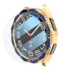 Per Samsung Galaxy Watch6 Classic 43mm R950 Custodia per PC placcata + pellicola temperata + set di anelli per lunetta dell'orologio (blu + oro rosa)