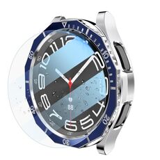 Per Samsung Galaxy Watch6 Classic 43mm R950 Custodia per PC placcata + pellicola temperata + set di anelli per lunetta dell'orologio (blu + argento)