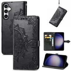 Custodia per telefono in pelle goffrata con fiori mandala per Samsung Galaxy A05 (nera)