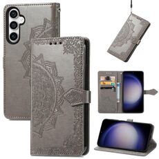 Custodia per telefono in pelle goffrata con fiori mandala per Samsung Galaxy A05 (grigio)
