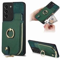Custodia per telefono posteriore con cerniera verticale con anello in pelle incrociata per Samsung Galaxy S24+ 5G (verde)
