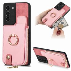 Custodia per telefono posteriore con cerniera verticale con anello in pelle incrociata per Samsung Galaxy S24+ 5G (rosa)