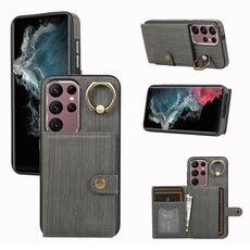 Custodia per telefono con supporto ad anello per portafoglio con texture spazzolata per Samsung Galaxy Galaxy S22 Ultra 5G (grigio)