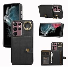 Custodia per telefono con supporto ad anello per portafoglio con struttura spazzolata per Samsung Galaxy Galaxy S22 Ultra 5G (nero)