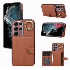 Custodia per telefono con supporto ad anello per portafoglio con texture spazzolata per Samsung Galaxy Galaxy S22 Ultra 5G (marrone)