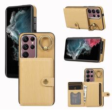 Custodia per telefono con supporto ad anello per portafoglio con texture spazzolata per Samsung Galaxy Galaxy S22 Ultra 5G (giallo)
