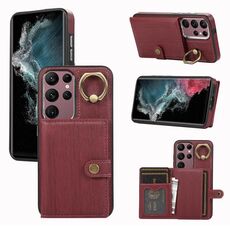 Custodia per telefono con supporto ad anello per portafoglio con texture spazzolata per Samsung Galaxy Galaxy S22 Ultra 5G (rosso scuro)