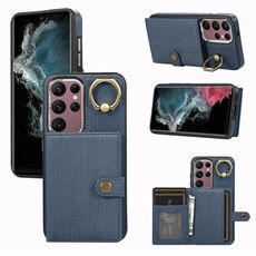 Custodia per telefono con supporto ad anello per portafoglio con texture spazzolata per Samsung Galaxy Galaxy S22 Ultra 5G (blu)