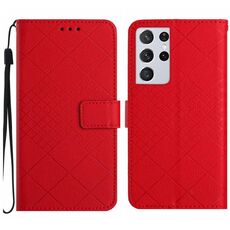 Custodia per telefono in pelle con texture a griglia rombica per Samsung Galaxy S21 Ultra 5G (rossa)