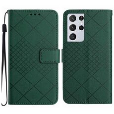 Custodia per telefono in pelle con texture a griglia rombica per Samsung Galaxy S21 Ultra 5G (verde)