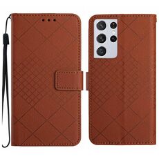 Custodia per telefono in pelle con texture a griglia rombica per Samsung Galaxy S21 Ultra 5G (marrone)