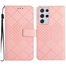 Custodia per telefono in pelle con texture a griglia rombica per Samsung Galaxy S21 Ultra 5G (rosa)