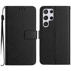 Custodia per telefono in pelle con trama a griglia rombica per Samsung Galaxy S22 Ultra 5G (nera)