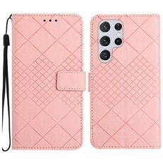 Custodia per telefono in pelle con trama a griglia rombica per Samsung Galaxy S22 Ultra 5G (rosa)