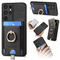 Per Samsung Galaxy S21 Ultra 5G Custodia per telefono in pelle con borsa magnetica divisibile retrò (nera)