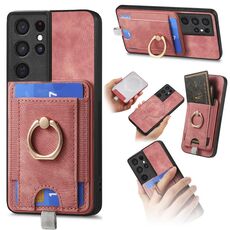 Per Samsung Galaxy S21 Ultra 5G Custodia per telefono in pelle con borsa magnetica divisibile retrò (rosa)