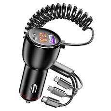 HX06 Caricabatteria da auto a doppia porta Type-C + USB da 151 W con cavo dati a molla 3 in 1