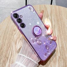 Per Samsung Galaxy S24+ 5G Custodia per telefono all-inclusive con anello floreale immortale con glitter sfumati (viola)